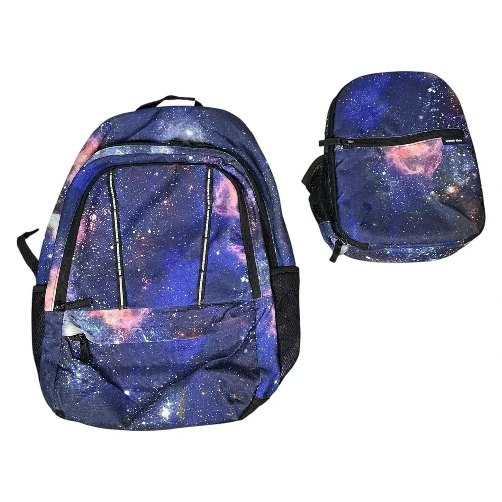 Lands' End Galaxy Kids Backpack School Bag & Lunch Bag Box Space Print Blue